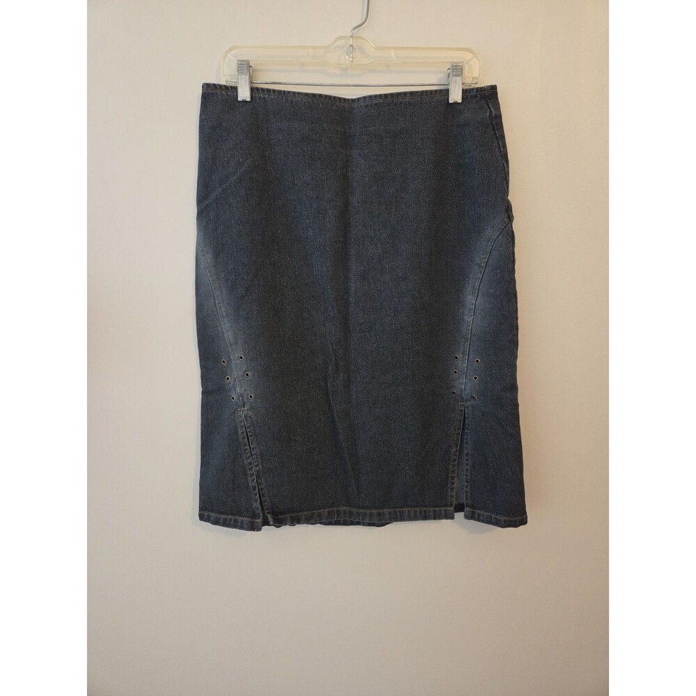 Vntg Clio Jean Skirt Size 10 Slit Grommet Detail Modest Casual Grunge Dark Wash